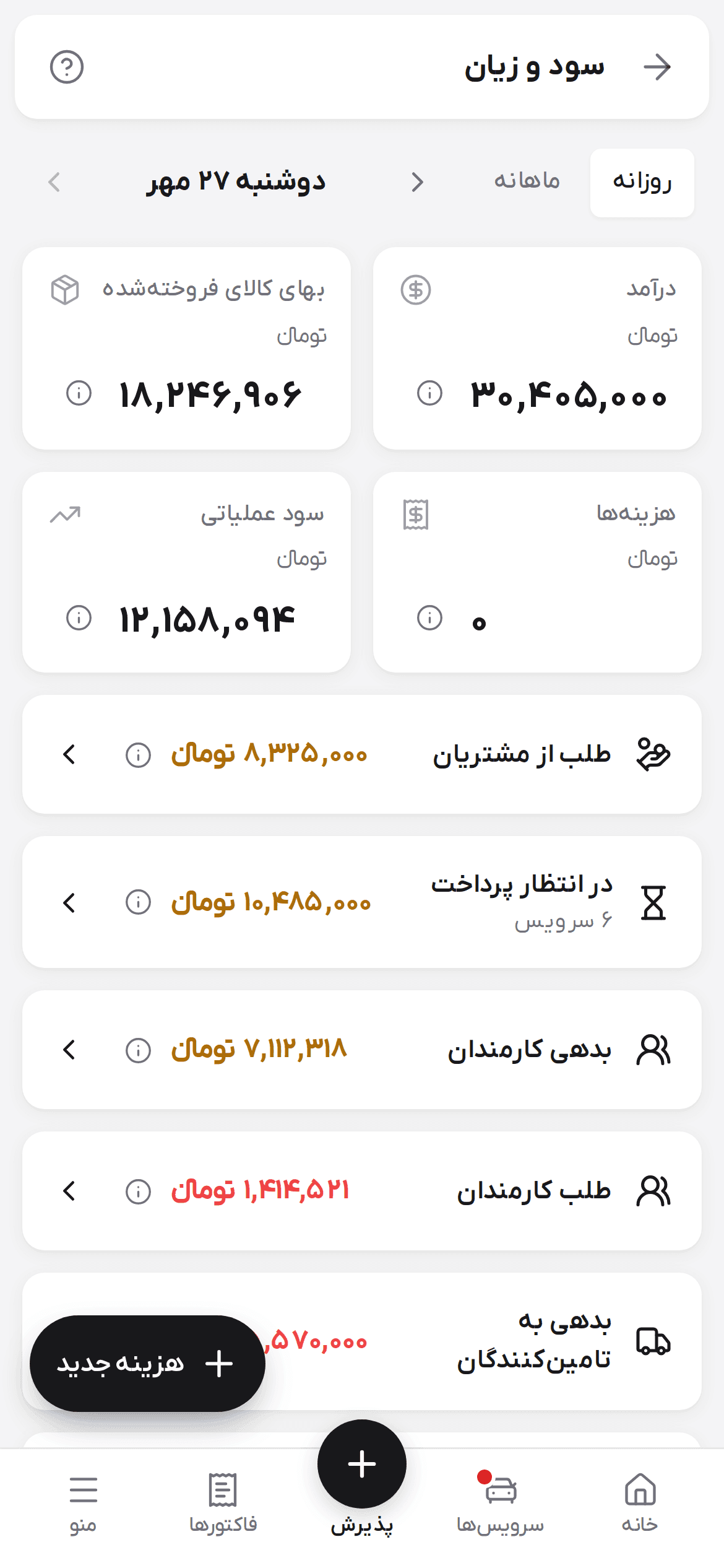 صفحه سود و زیان در نمای روزانه روی گوشی