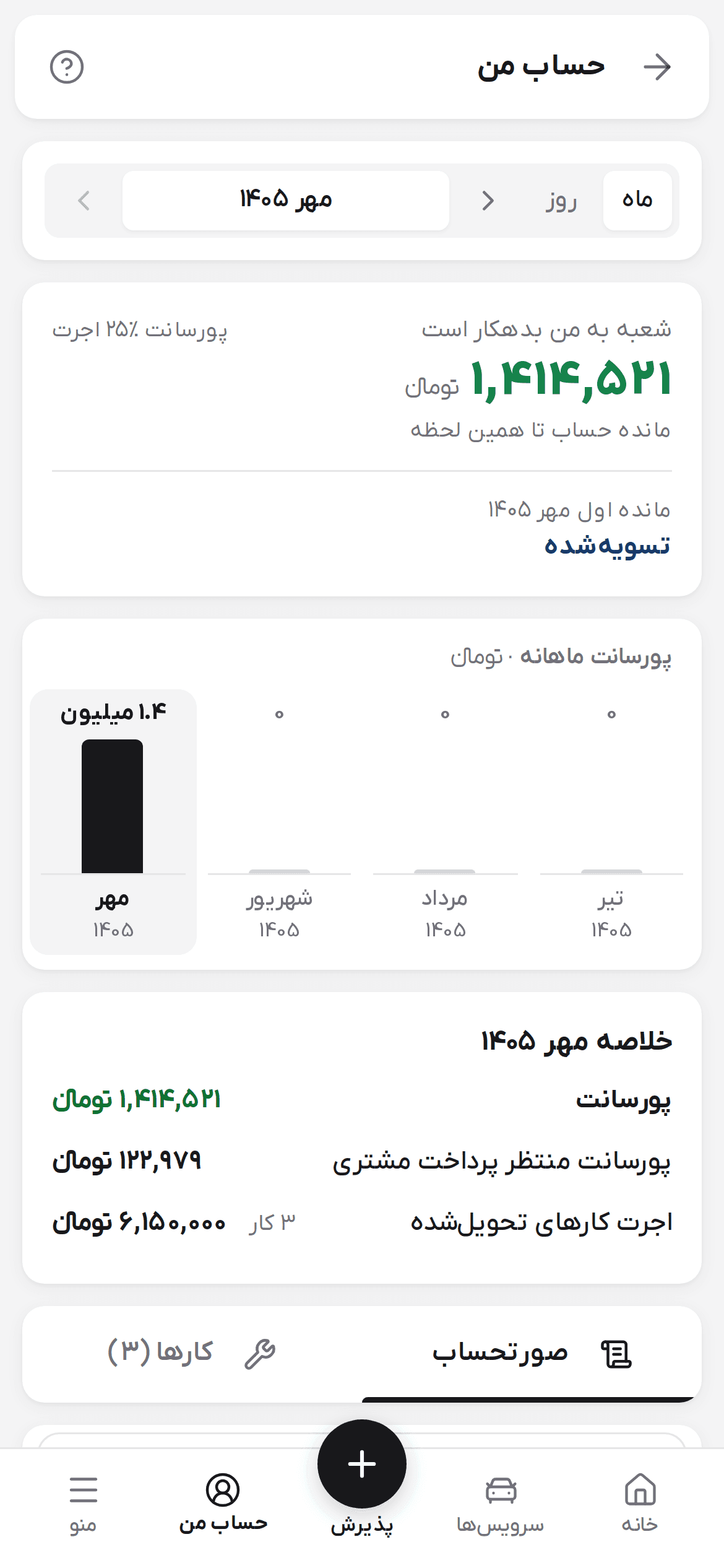 حساب من تعمیرکار با مانده، نمودار، خلاصه دوره و صورتحساب