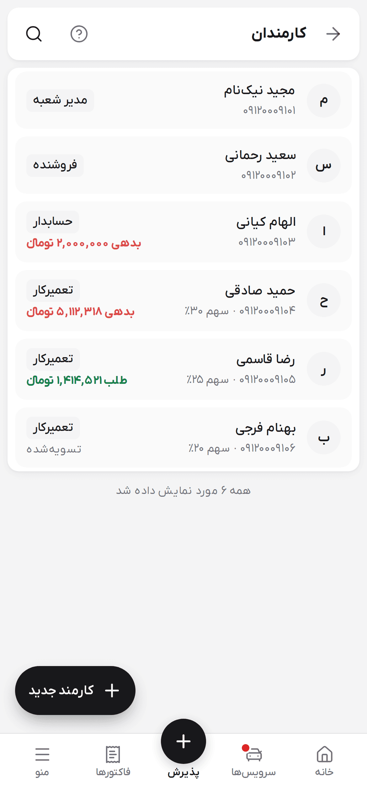 صفحه کارمندان روی گوشی با سه نفر: مدیر شعبه، فروشنده و حسابدار